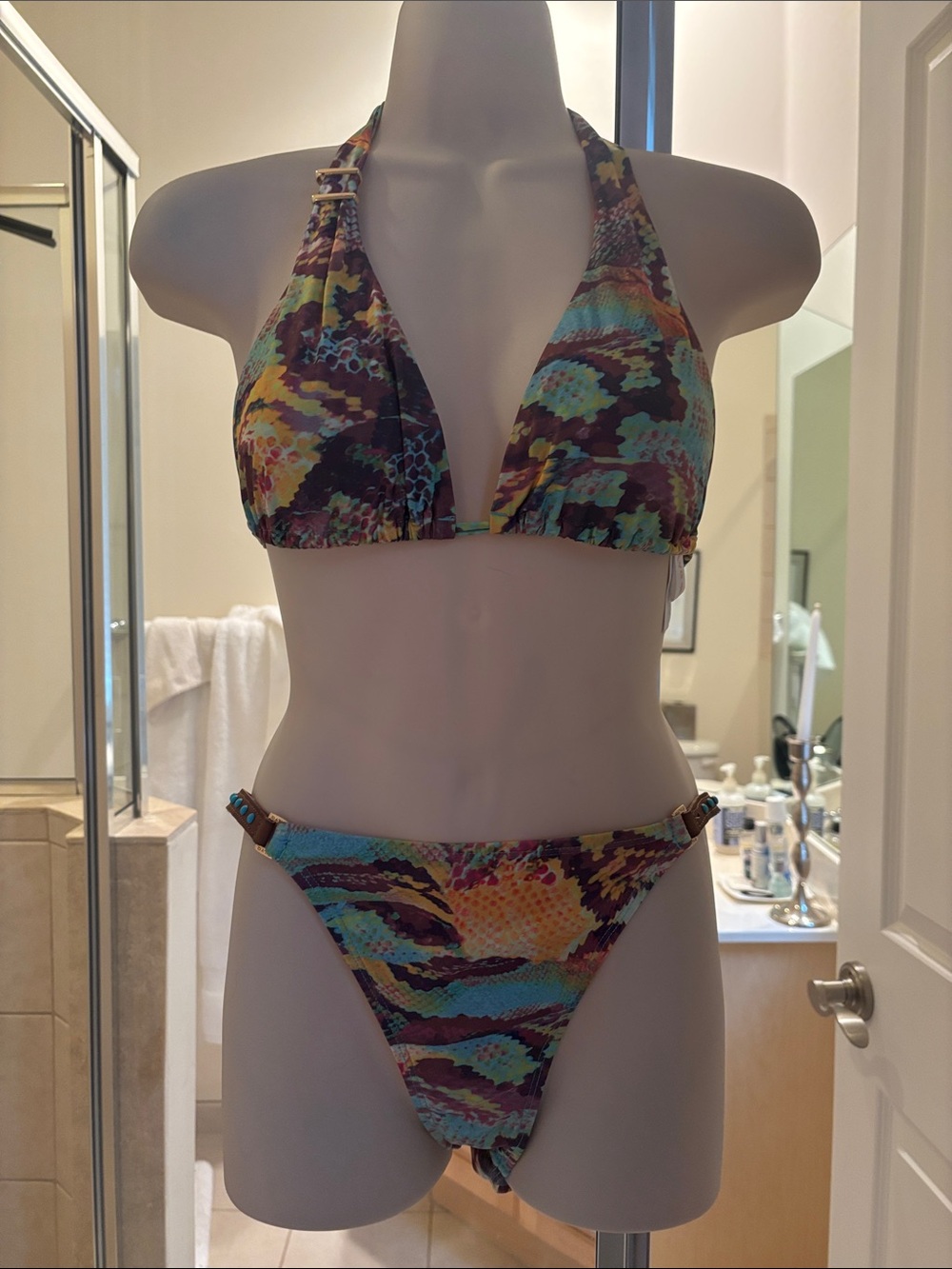 PilyQ Bikini Set in Teal & Brown - Stylish Swimwear Small Top Medium Bottom